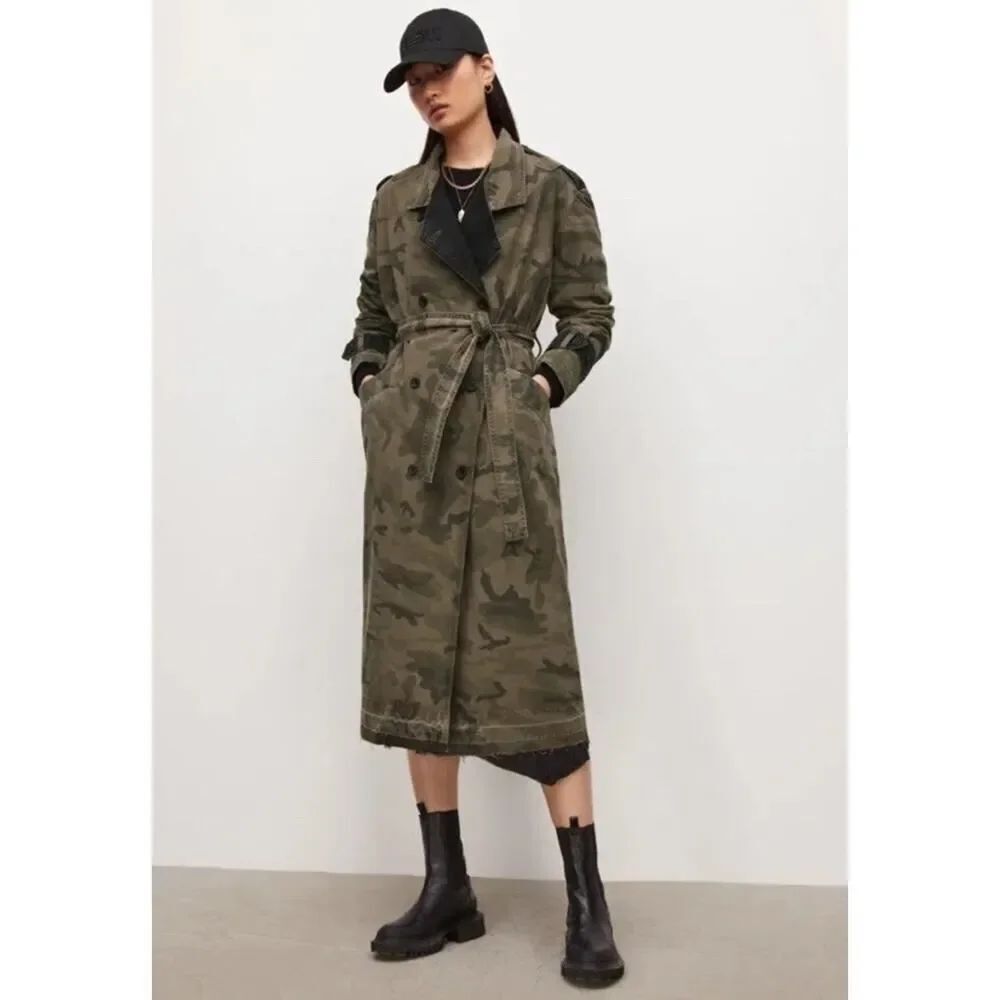 AllSaints Smilla Camouflage Cotton Trench Coat Belted Camo Jacket US 2